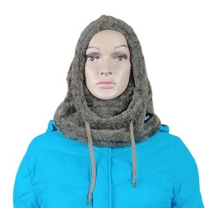Unisex Ski Mask Balaclava Winter Hat Faux Fur Hooded Scarf W/ Drawstrings Coffee